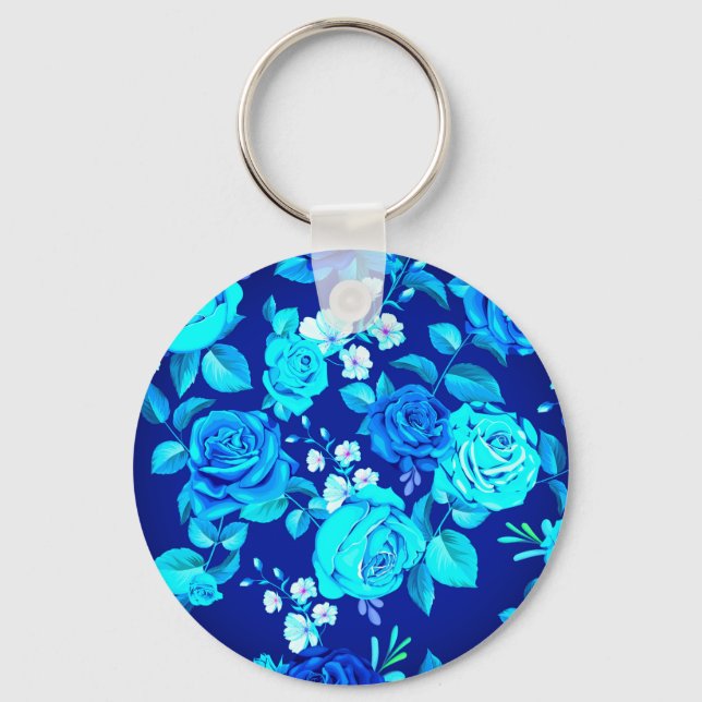 Classic Blue Rose Flowers Pattern-87600 Key Ring (Front)