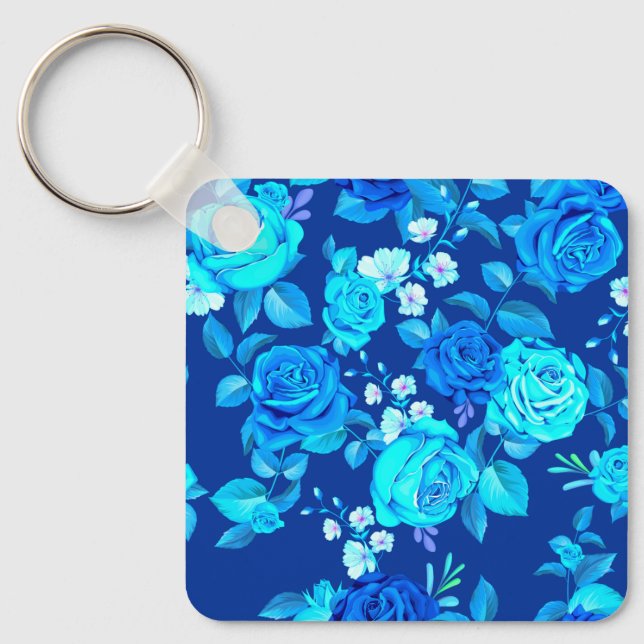 Classic Blue Rose Flowers Pattern-87600 Key Ring (Front)