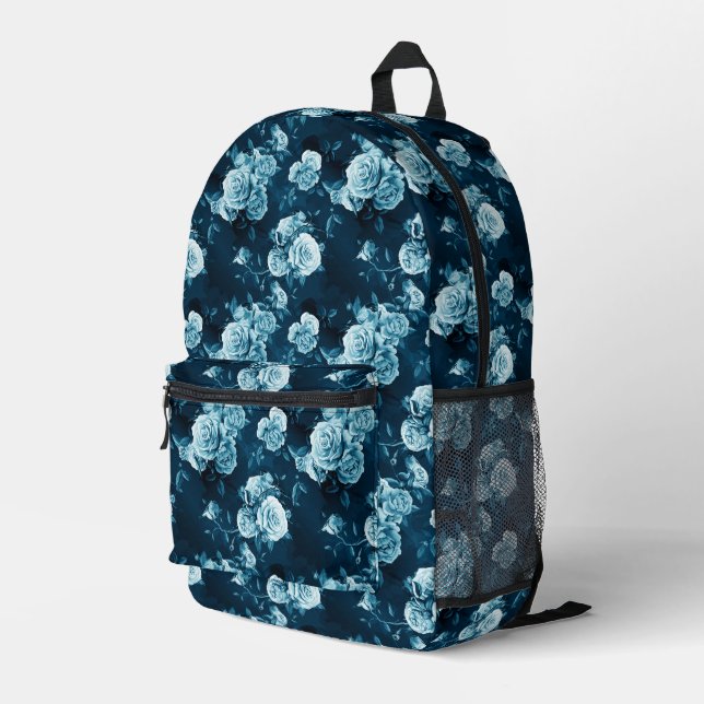 Classic Blue Rose Pattern Printed Backpack (Back Corner Right)
