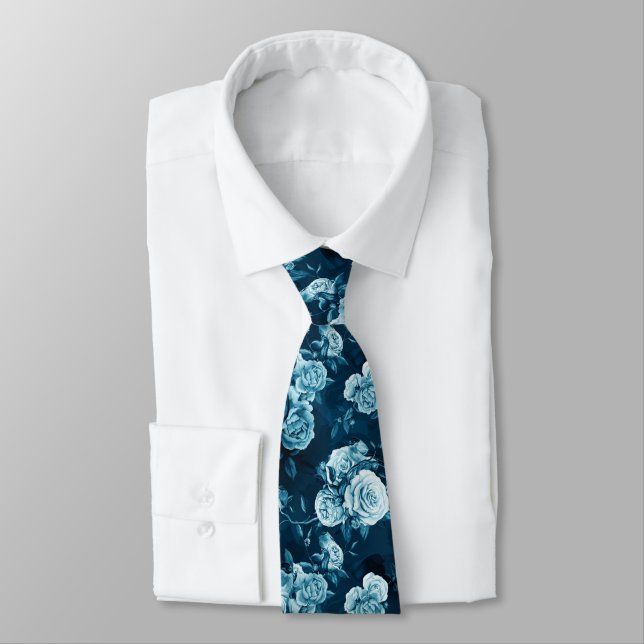 Classic Blue Rose Pattern Tie (Tied)
