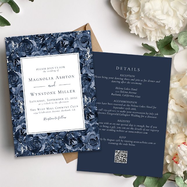 Classic Blue Roses All in One Wedding Invitation (Creator Uploaded)