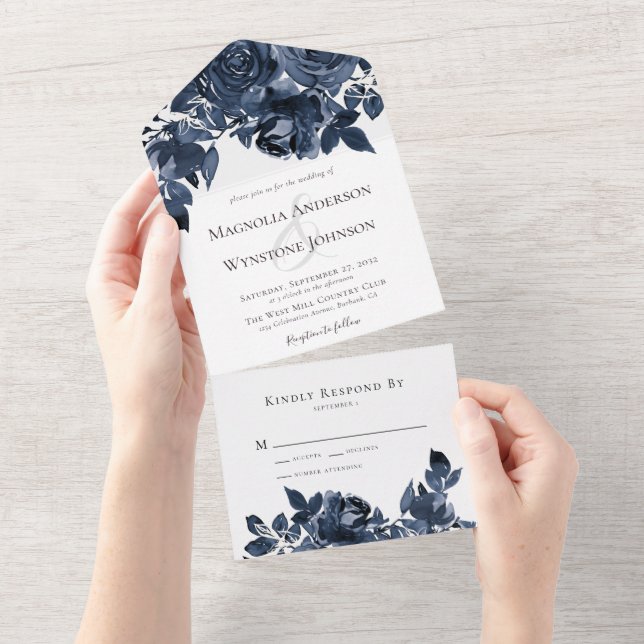 Classic Blue Roses Wedding All In One Invitation (Tearaway)