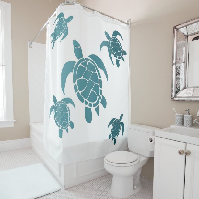 Classic Blue Sea Turtles White Coastal Shower Curtain (In Situ)