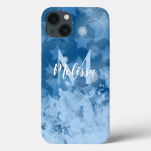 Classic Blue Stars pattern Modern Monogram Name iPhone 13 Case