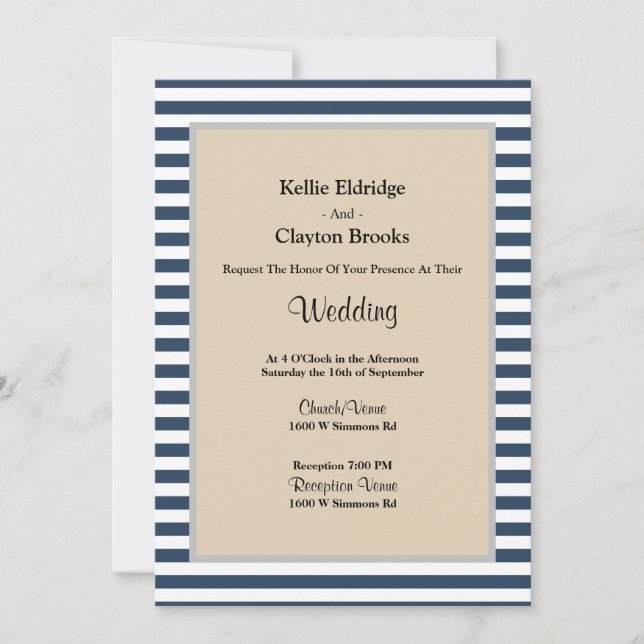 Classic Blue Stripes Framed Wedding Invitation (Front)