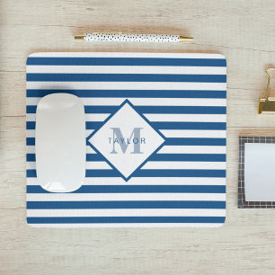 Classic Blue Stripes Monogram Mouse Pad