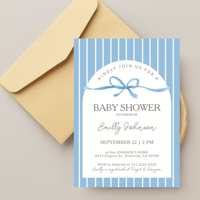 Classic Blue Stripes Painted Bow Baby Boy Shower Invitation (Creator Uploaded)