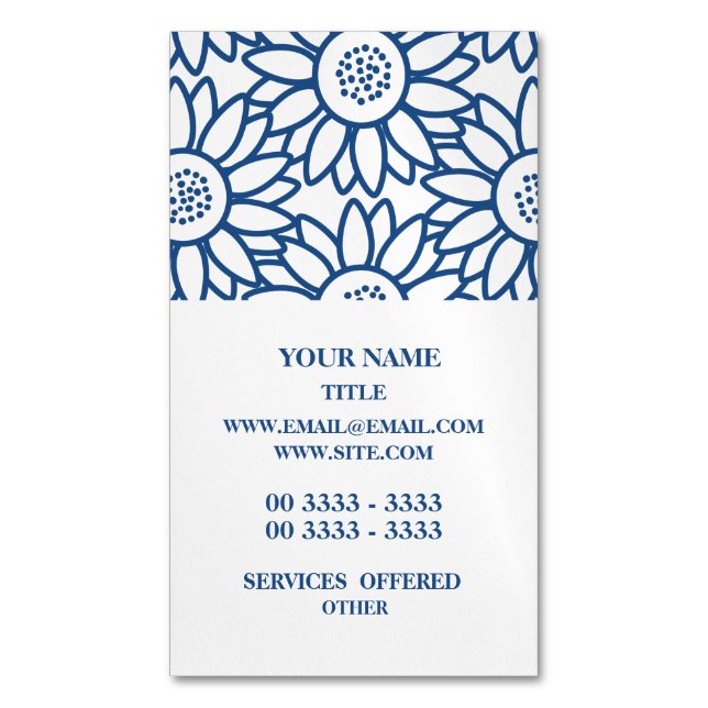 Classic Blue Sunflower Pattern Magnetic Business Card (Front Vertical)