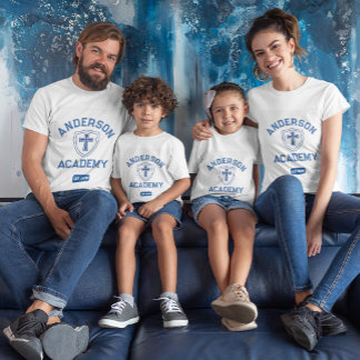 Classic Blue Text Cross and Shield Homeschool T-Shirt