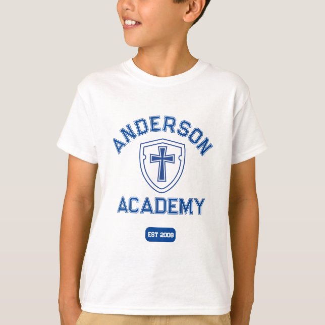 Classic Blue Text Cross and Shield Homeschool T-Shirt (Front)