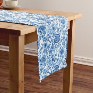 Classic Blue Toile Floral Pattern Long Table Runner