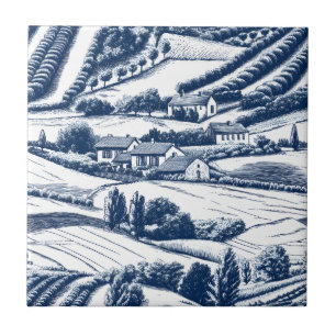 Classic Blue Toile Pastoral Landscape Vintage Tile