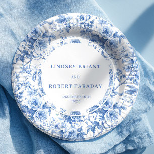 Classic blue toile roses wedding reception table paper plate