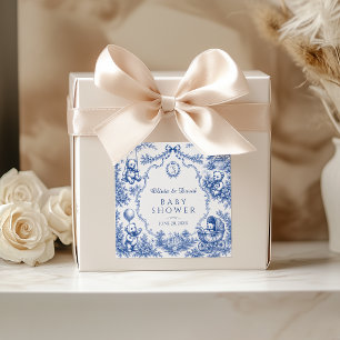Classic Blue Toile Teddy Bear Baby Shower Sticker