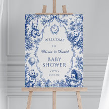 Classic Blue Toile Teddy Bear Baby Shower Welcome