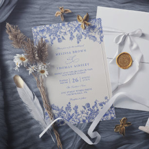 Classic Blue Vintage Floral Chic QR Code Wedding Invitation