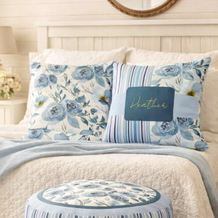 Classic Blue Watercolor Floral Striped Personalise Cushion