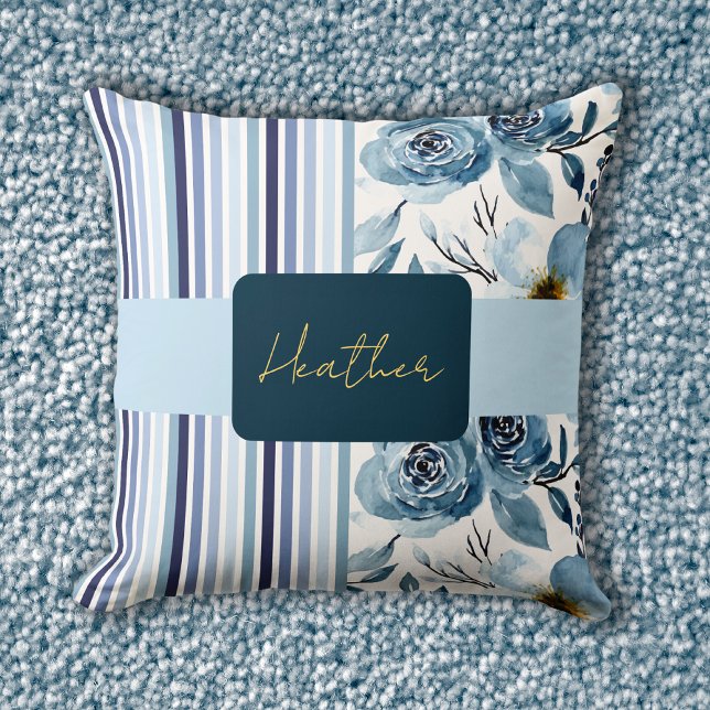 Classic Blue Watercolor Floral Striped Personalise Cushion (Creator Uploaded)