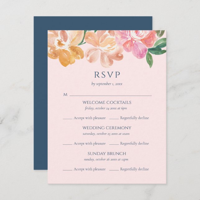 Classic Blue Watercolor Flower Multi Event Wedding RSVP Card (Front/Back)