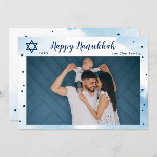 Classic Blue Watercolor Gold Happy Hanukkah Photo Holiday Card