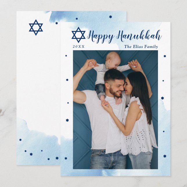 Classic Blue Watercolor Happy Hanukkah Photo Holiday Card (Front/Back)