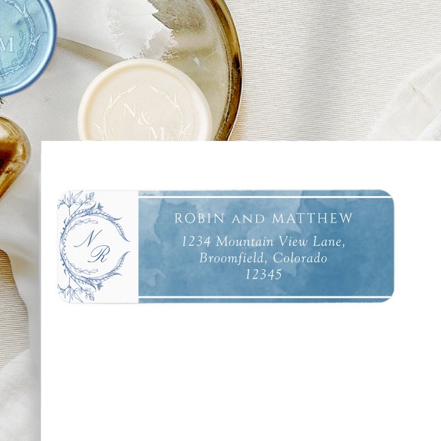 Classic, Blue Watercolor, Monogram Wedding Address (Creator Uploaded)