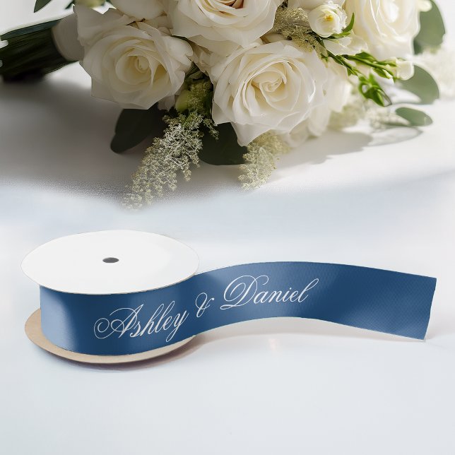 Classic Blue Wedding Elegant Script Calligraphy Satin Ribbon (Creator Uploaded)