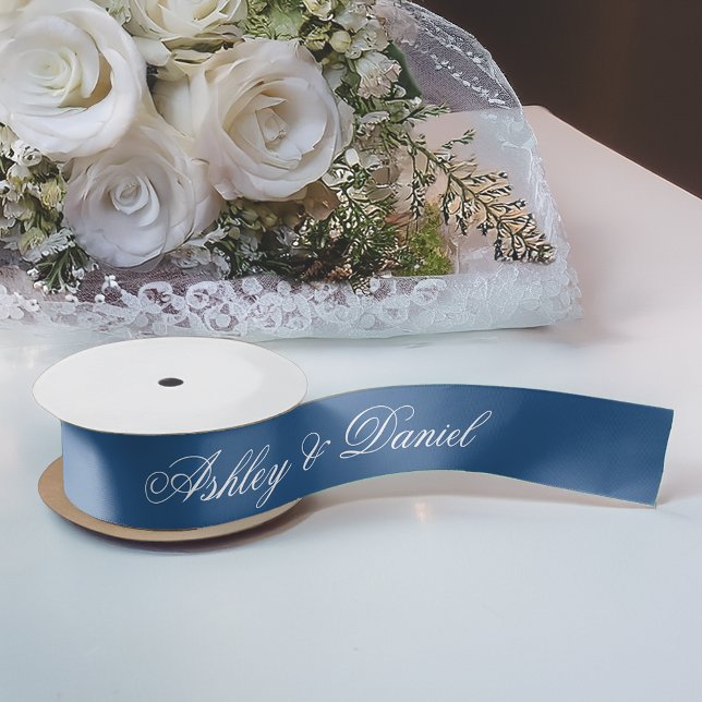 Classic Blue Wedding Elegant Script Calligraphy Satin Ribbon (Creator Uploaded)