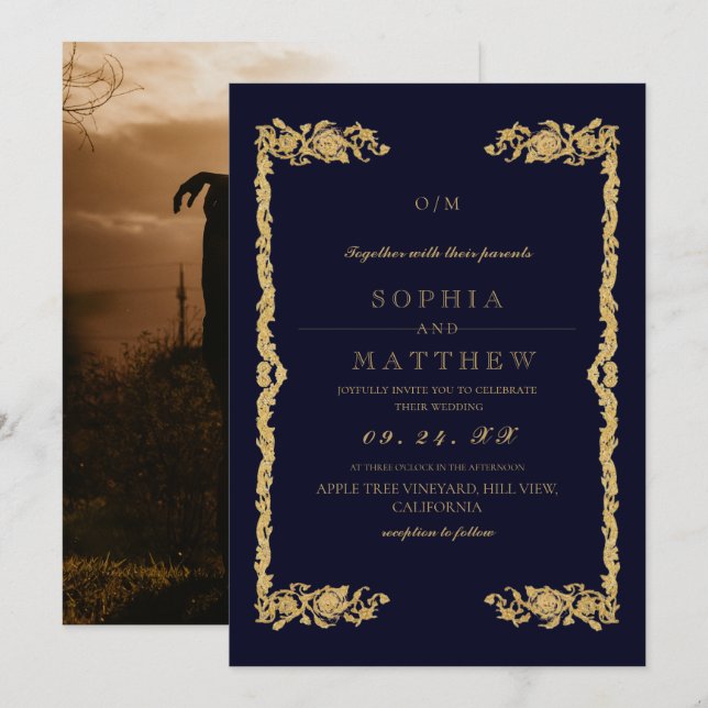 Classic Blue Wedding Photo Invitation (Front/Back)