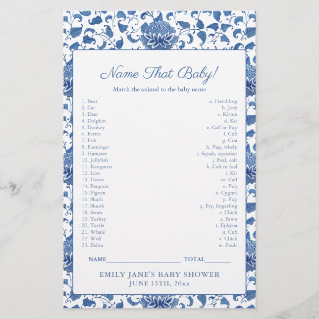Classic Blue White Baby Animal Game Card (Front)