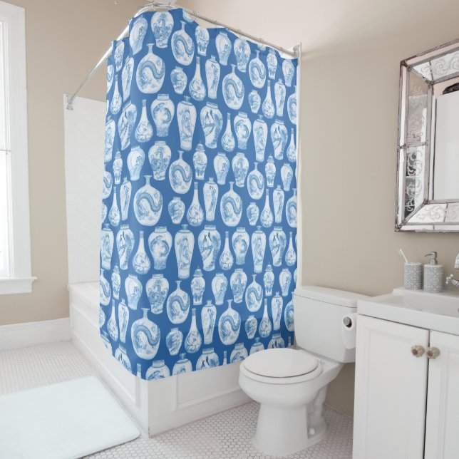 Classic Blue White Chinoiserie Ginger Jars Pattern Shower Curtain (In Situ)