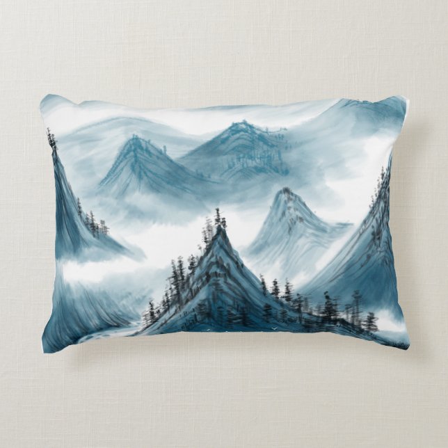 Classic Blue White Chinoiserie Landscape Painting  Decorative Cushion (Front)