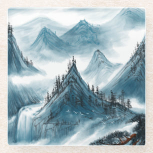 Classic Blue White Chinoiserie Landscape Painting  Glass Coaster