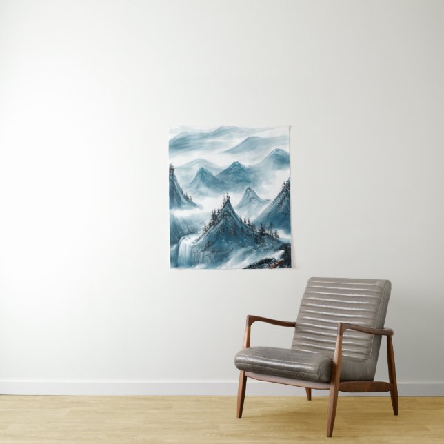 Classic Blue White Chinoiserie Landscape Painting Tapestry (In Situ)