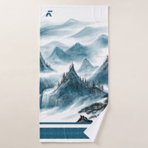 Classic Blue White Chinoiserie Mountains Painting Bath Towel Set