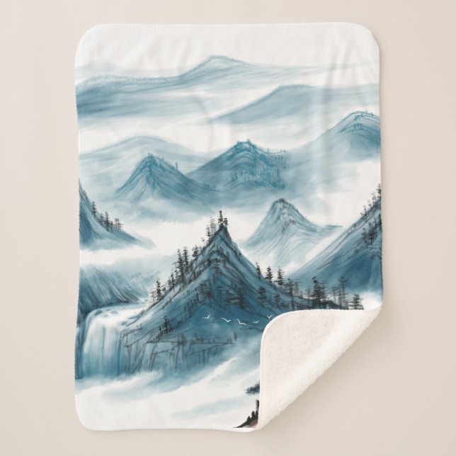 Classic Blue White Chinoiserie Mountains Painting  Sherpa Blanket (Front)