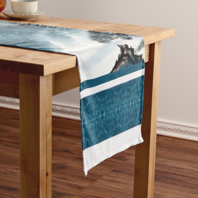 Classic Blue White Chinoiserie Mountains Painting  Short Table Runner (In Situ)