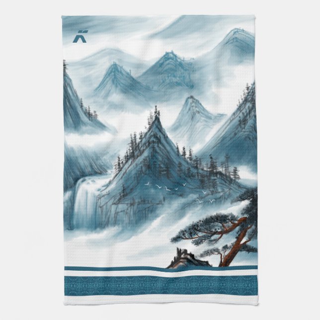 Classic Blue White Chinoiserie Mountains Painting Tea Towel (Vertical)