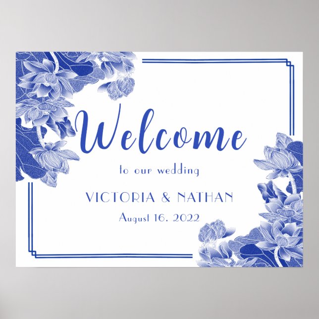 Classic Blue & White Chinoiserie Wedding Welcome Poster (Front)
