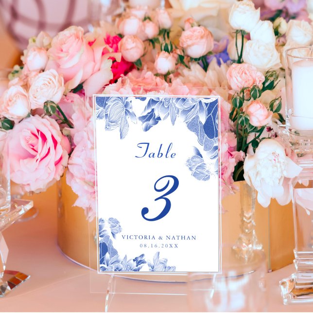 Classic Blue White Floral Chinoiserie Wedding Table Number (Creator Uploaded)