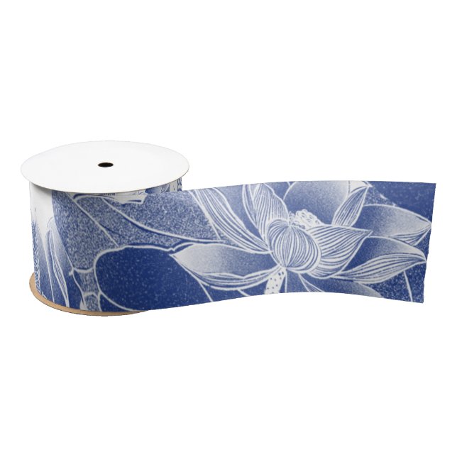 Classic Blue White Floral Lotus Garden Decorative Satin Ribbon (Spool)