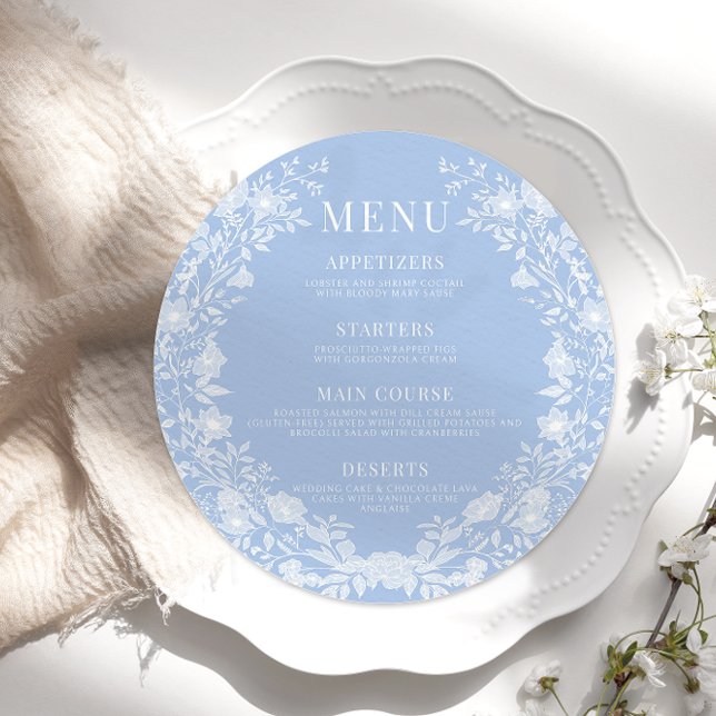 Classic blue white floral wedding round Flat Menu (Creator Uploaded)