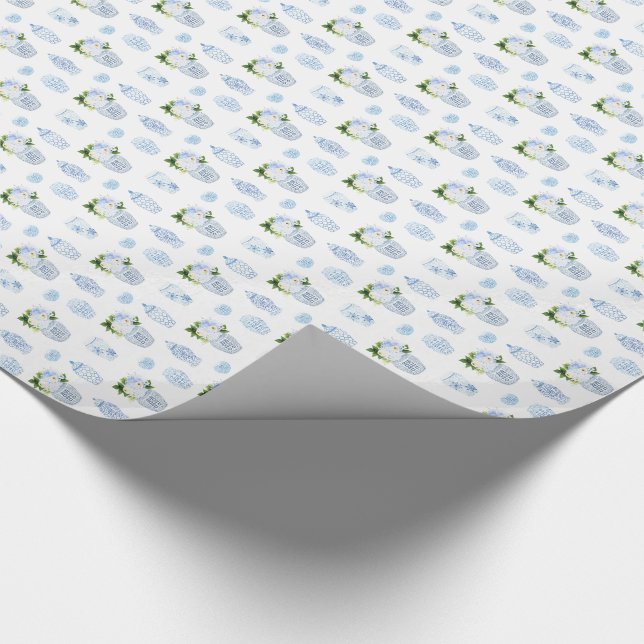 Classic Blue White Florals And Ginger Jar Pottery Wrapping Paper (Corner)