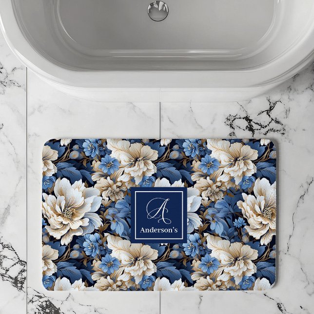 Classic Blue White Flowers Custom Name Bath Mat (Classic Blue White Flowers Custom Name Bath Mat)