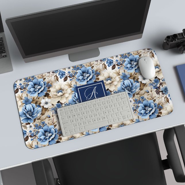 Classic Blue White Flowers Custom Name Desk Mat (Classic Blue White Flowers Custom Name Desk Mat)
