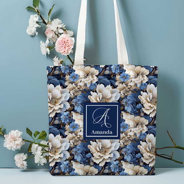 Classic Blue White Flowers Custom Name Tote Bag (Classic Blue White Flowers Custom Name Tote Bag)
