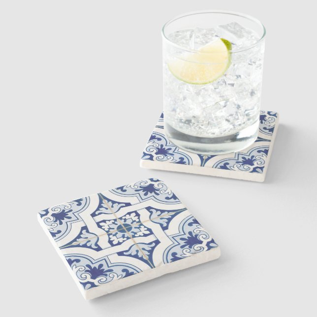 Classic Blue & White Geometric Tile Look Stone Coaster (Side)