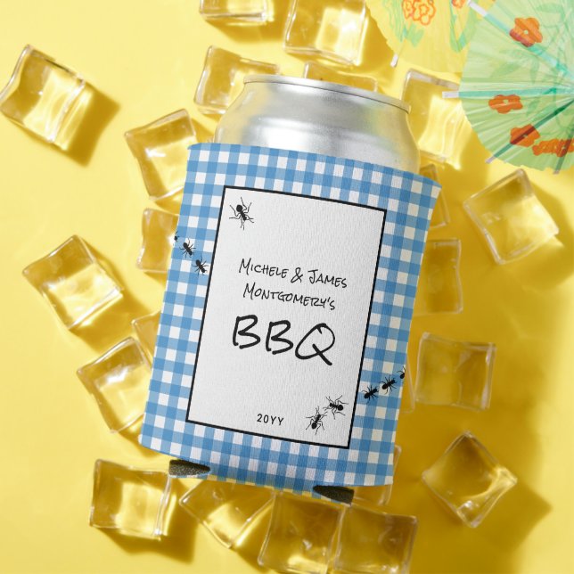 Classic Blue White Gingham Ants BBQ Picnic Party Can Cooler (In Situ Summer)