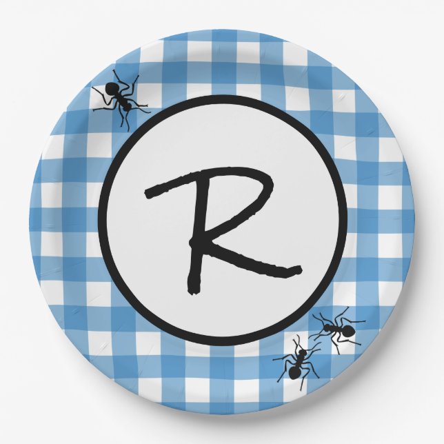 Classic Blue White Gingham Ants BBQ Picnic Party Paper Plate (Front)