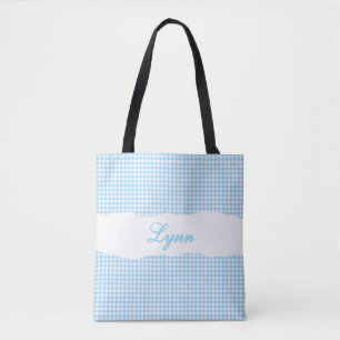 Classic Blue & White Gingham Personalized Name Tote Bag